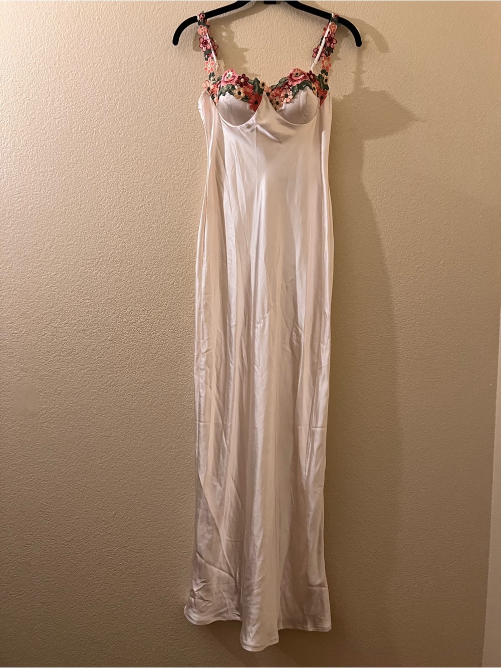 Selfie Leslie Cream Satin Slip Dress with Pink & Green Floral Accents
